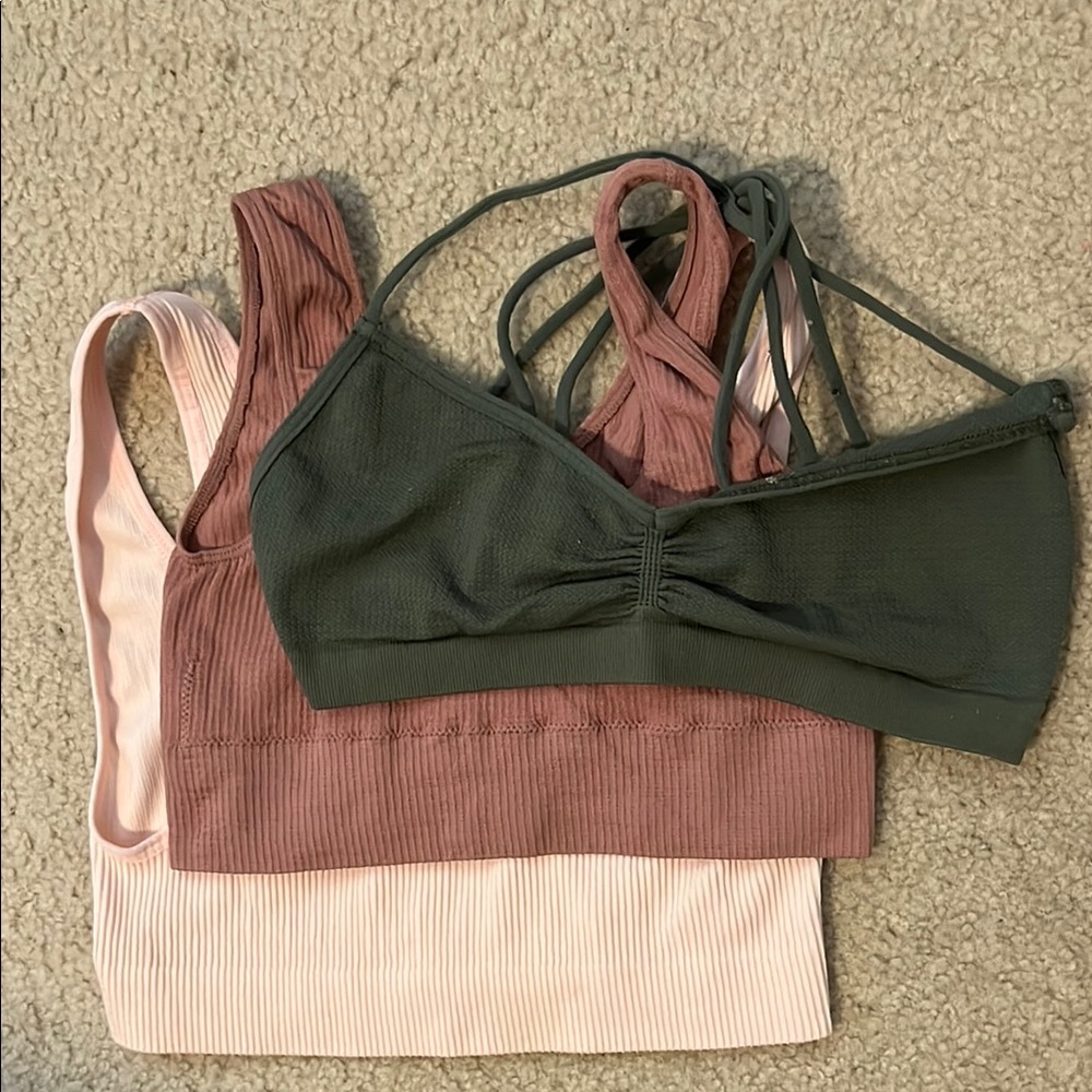 Set of Three Ribbed Bralettes in Pink and Green